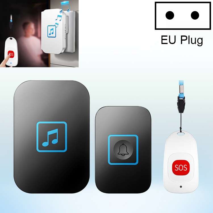 CACAZI C86 Wireless SOS Pager Doorbell Old man Child Emergency Alarm Remote Call Bell, EU Plug(Black
