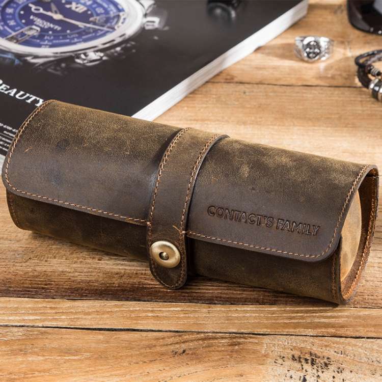CONTACTS FAMILY CF1117 Retro Crazy Horse Texture Leather Watch Box Round Buckle Storage B...(Coffee)