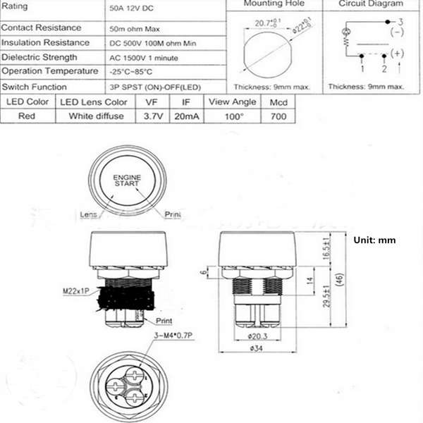 Universal Motor Auto Illuminated Push Button Engine Start Starter Switch