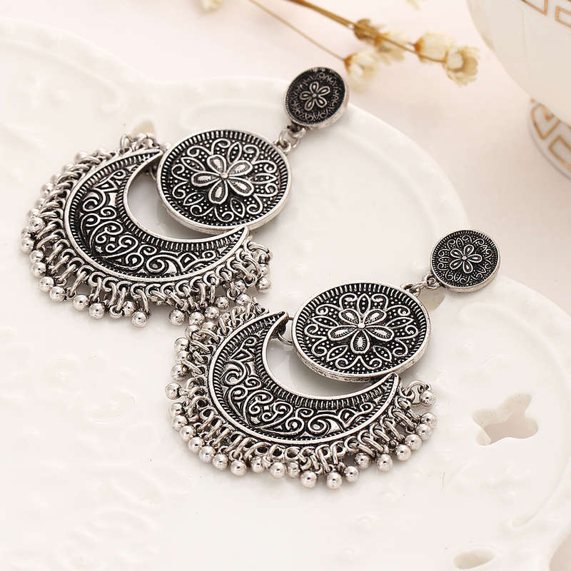 Retro Ethnic Tassel Alloy Flower Moon Drop Dangle Earrings Jewelry for Women