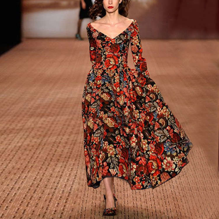 Women's dress loose temperament printing V-neck long dress