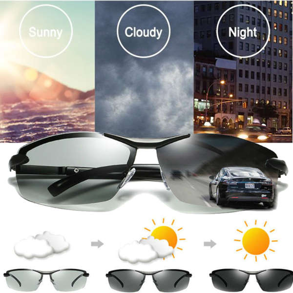 UV400 Polarized Photochromic Sunglasses Men's Driving Transition Lens Grey Black