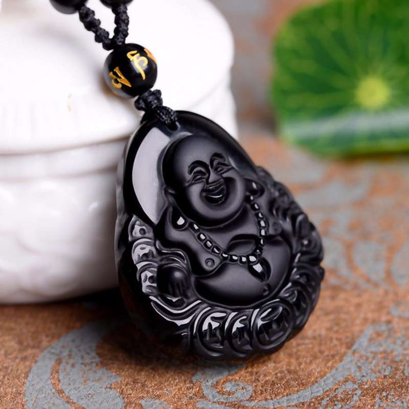 Black Obsidian Buddha Pendant Lucky Luck Beads Prayer Necklace Chain