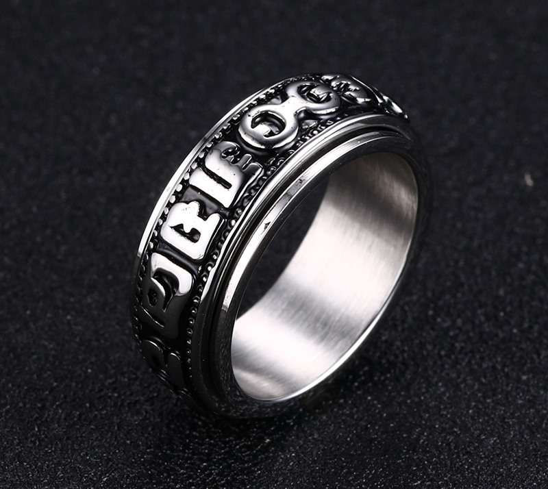 Stainless Steel Rotatable Mantra Men Ring Retro Gothic Finger Ring Unique Jewelry