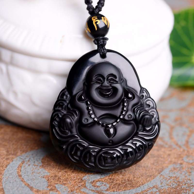 Black Obsidian Buddha Pendant Lucky Luck Beads Prayer Necklace Chain