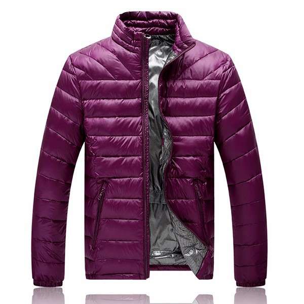 Mens Lightweight Winter Stylish Warm Down Jacket Stand Collar Pure Colo... (COLOR: PURPLE | SIZE: M)