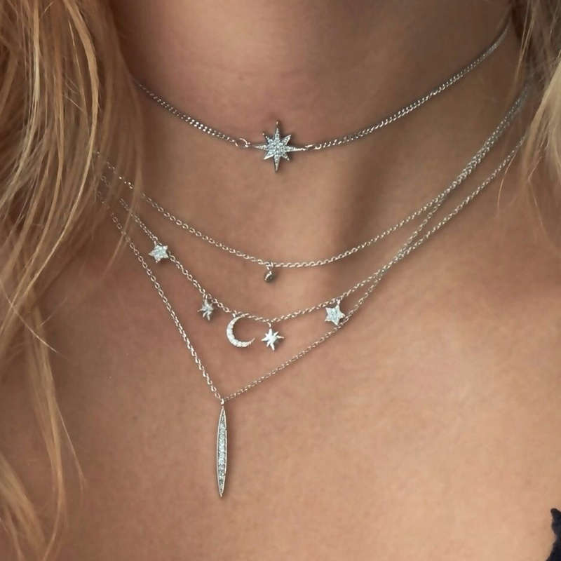 Trendy Multilayer Pendant Necklace Moon Star Bar Chain Charm (COLOR: WHITE)