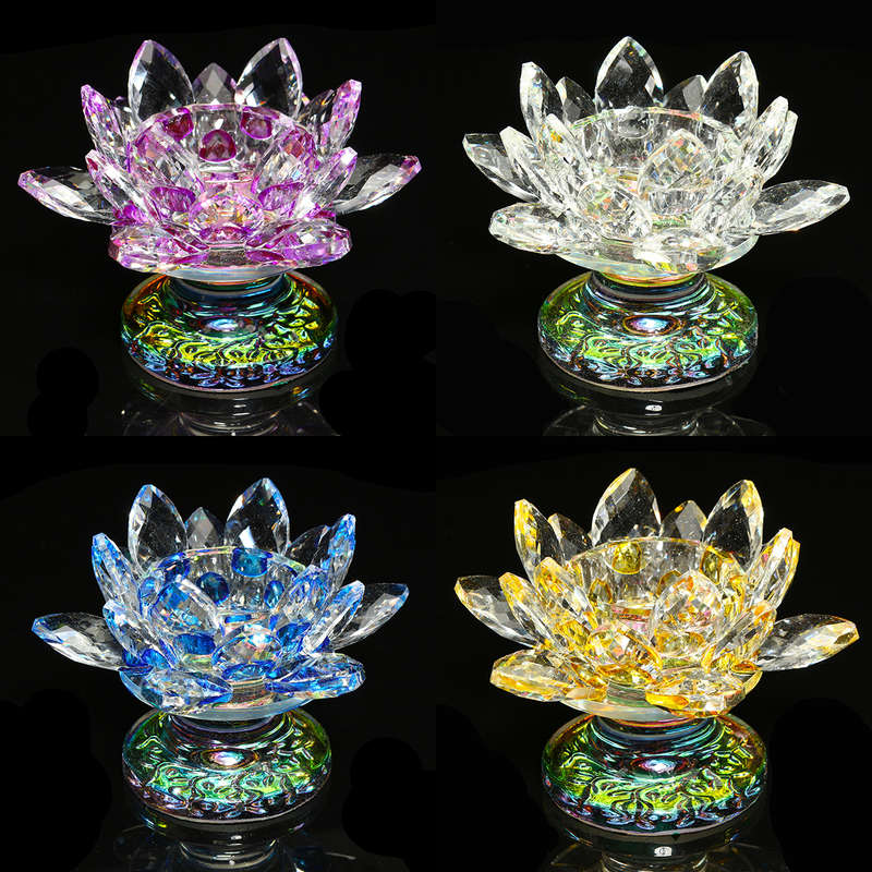 5 Colors Crystal Glass Lotus Flower Tea Light Candle Holder Buddhist Candles