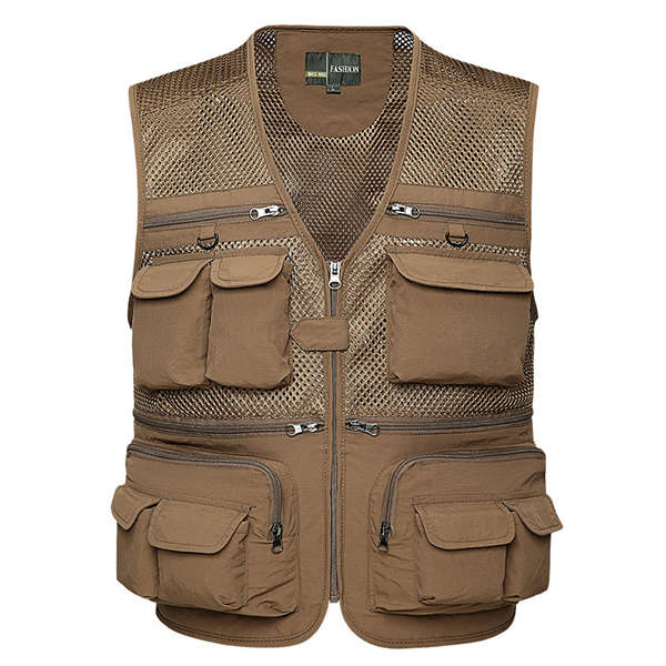 Mens Outdooors Fishing Spring Autumn Multi Pocket Mesh Photojournalist L... (SIZE: L | COLOR: KHAKI)