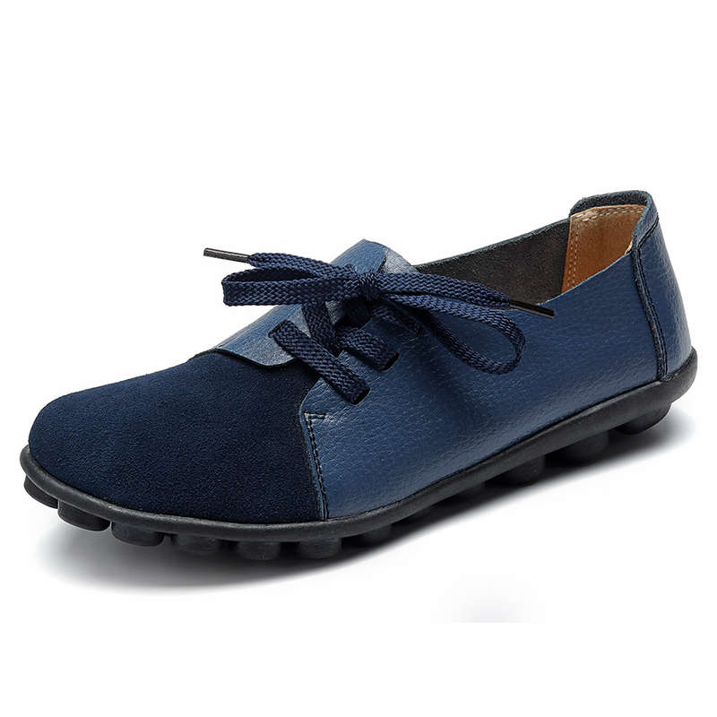 Plus size Women Lace Up Leather Flats Soft Casual Shoes (COLOR: DARKBLUE | SIZE(US): 10)