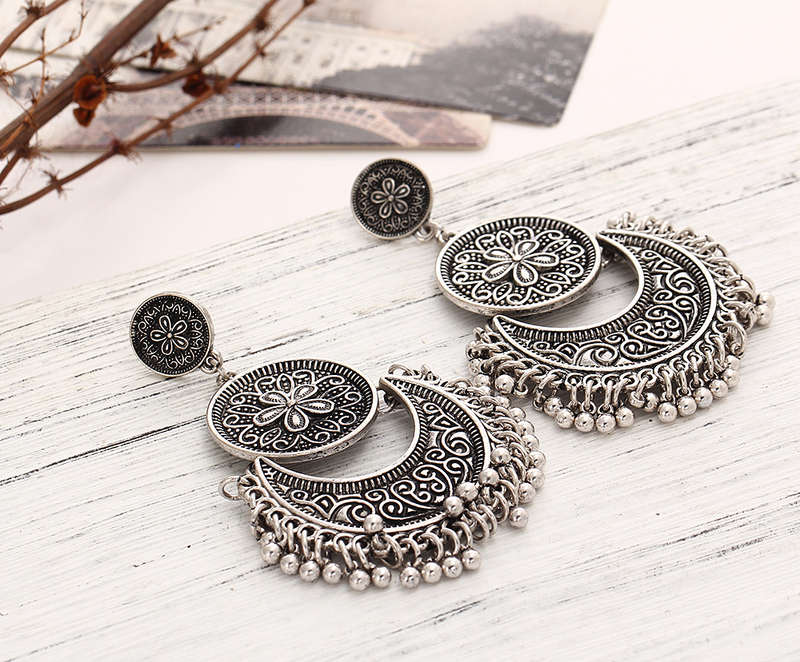 Retro Ethnic Tassel Alloy Flower Moon Drop Dangle Earrings Jewelry for Women