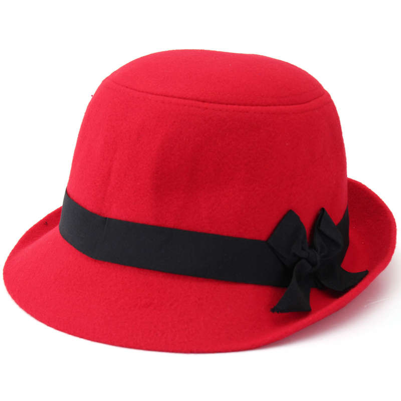 Women Wool Imtiation Fedora Trilby Cloche Cap Bow Felt Wide Brim Bowler Bucket Hat (COLOR: RED)