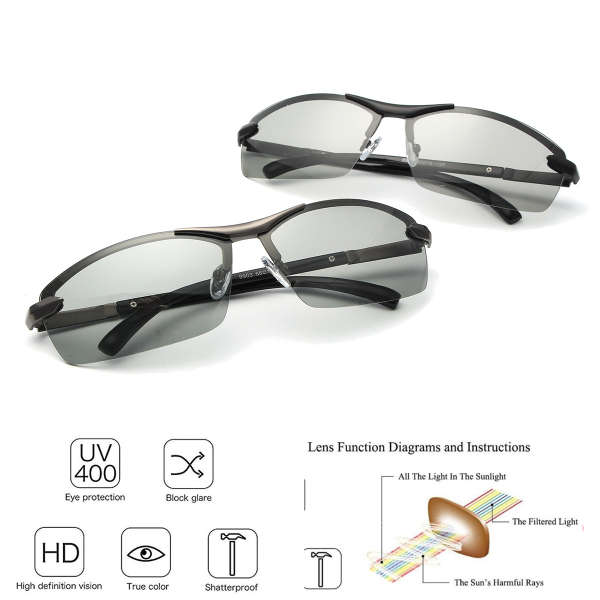 UV400 Polarized Photochromic Sunglasses Men's Driving Transition Lens Grey Black