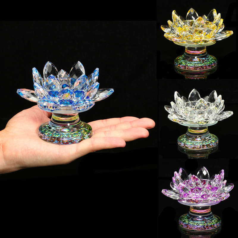 5 Colors Crystal Glass Lotus Flower Tea Light Candle Holder Buddhist Candles
