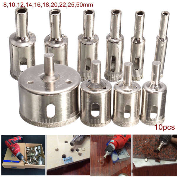 10pcs 8-50mm Diamond Drill Bits Set Tool Hole Saw Cutter for Glass Marble Granite