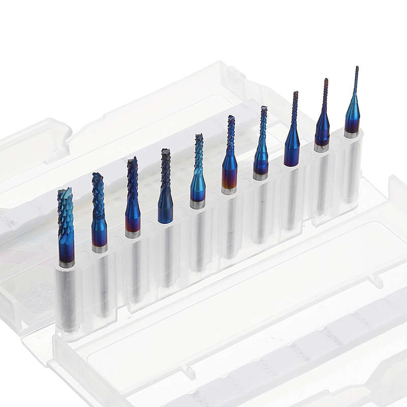 Drillpro 10pcs 0.8-3.175mm Blue NACO Coated PCB Bits Carbide Engraving Milling Cutter For CNC Tool R