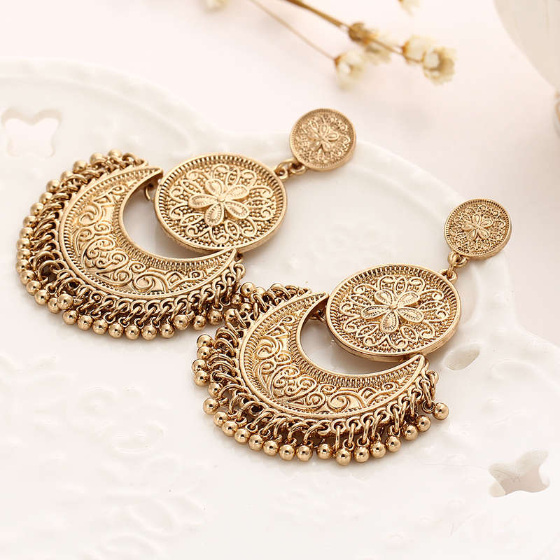 Retro Ethnic Tassel Alloy Flower Moon Drop Dangle Earrings Jewelry for Women