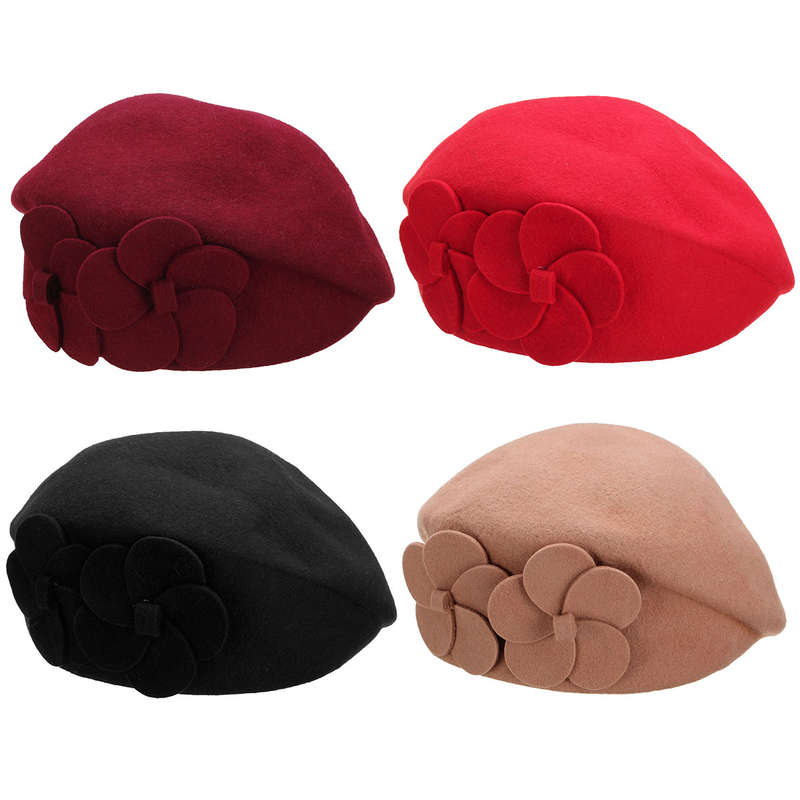 Women Ladies Wool Beanie Cap Warm Fedoras Felt Flower Beret Ski Tam Hat