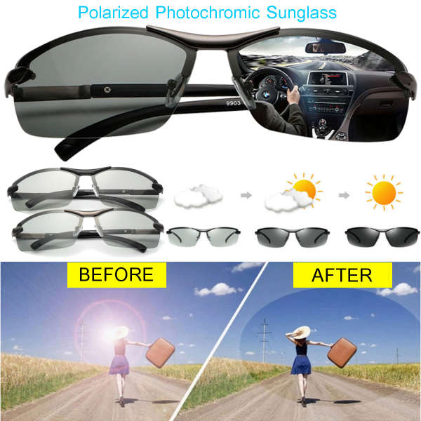 UV400 Polarized Photochromic Sunglasses Men's Driving Transition Lens Grey Black
