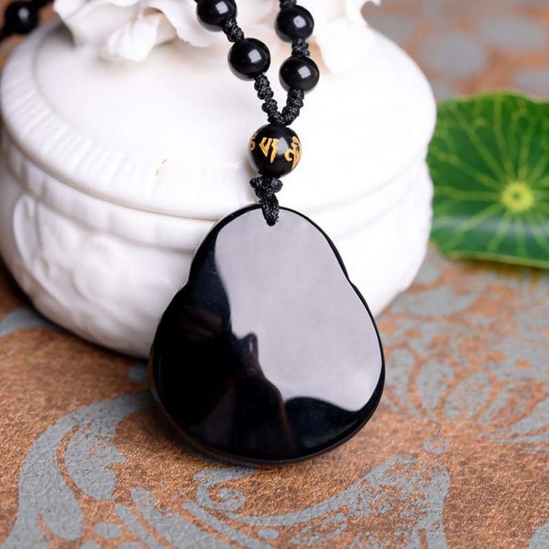Black Obsidian Buddha Pendant Lucky Luck Beads Prayer Necklace Chain
