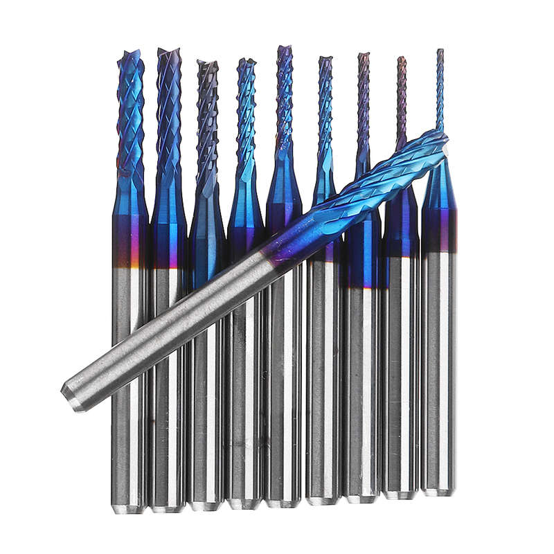 Drillpro 10pcs 0.8-3.175mm Blue NACO Coated PCB Bits Carbide Engraving Milling Cutter For CNC Tool R