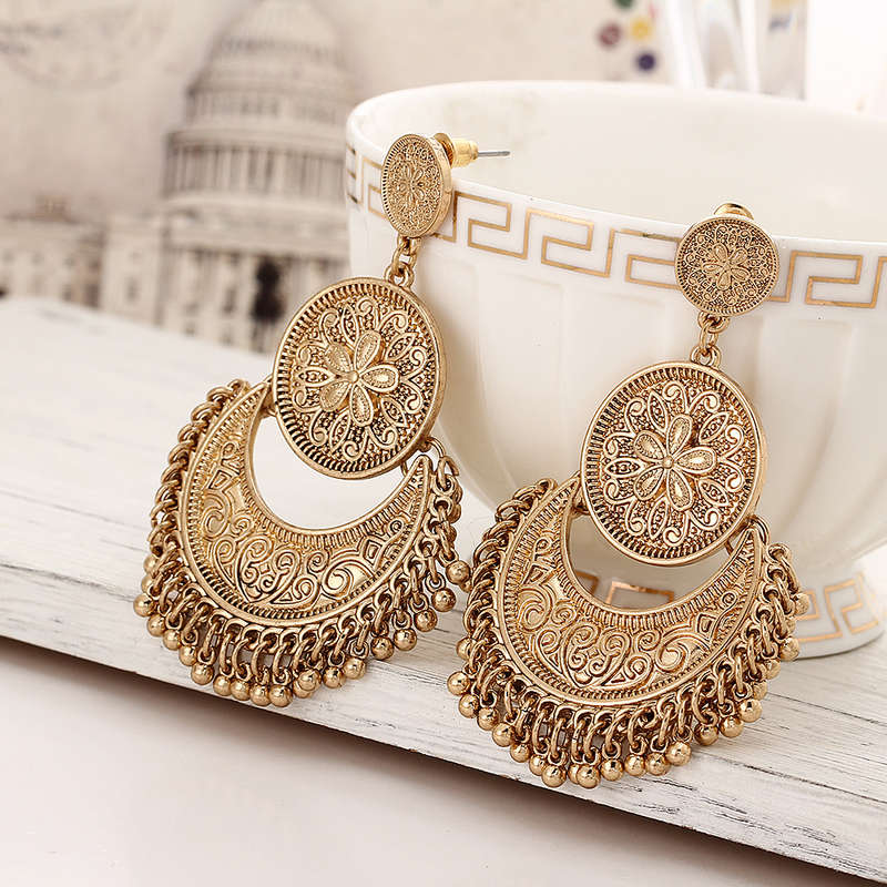 Retro Ethnic Tassel Alloy Flower Moon Drop Dangle Earrings Jewelry for Women