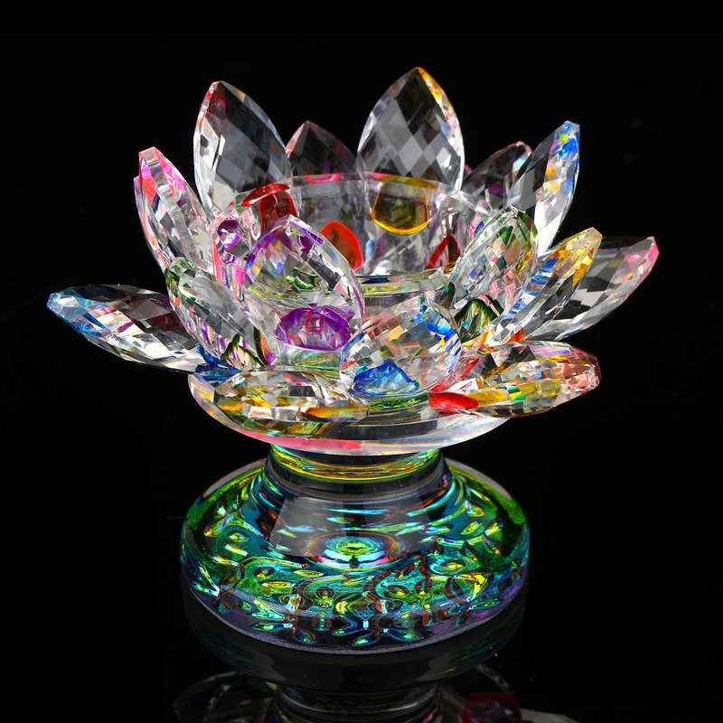 5 Colors Crystal Glass Lotus Flower Tea Light Candle Holder Buddhist Candles