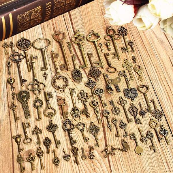 Vintage Bronze Key Pendants, Skeleton Heart Key Pendants