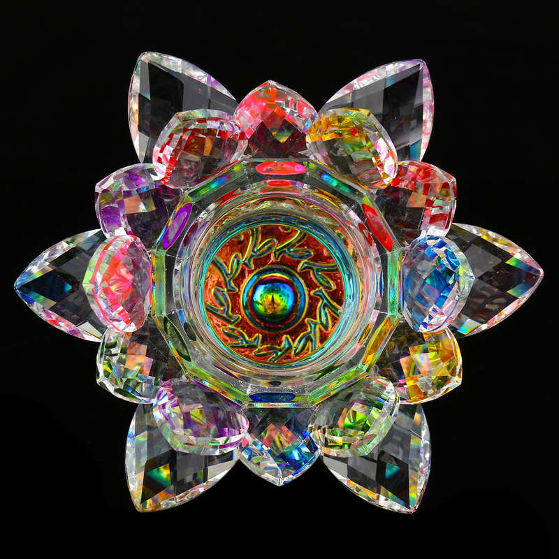 5 Colors Crystal Glass Lotus Flower Tea Light Candle Holder Buddhist Candles