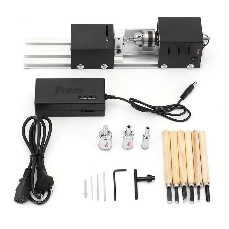 Drillpro Mini Lathe Machine Wood Working DIY Lathe Set with DC 24V Power Adapter Metal Cover
