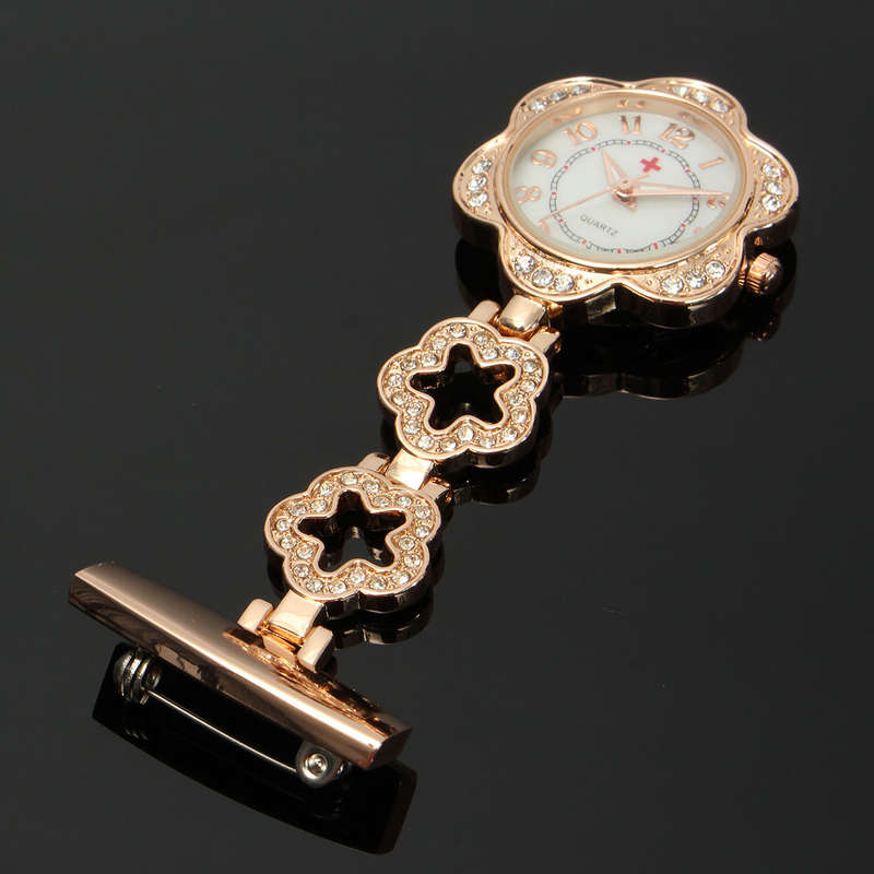 Crystal Flower Dial Clip-on Stainless Doctor Nurse Watch (COLOR: ROSEGOLD)
