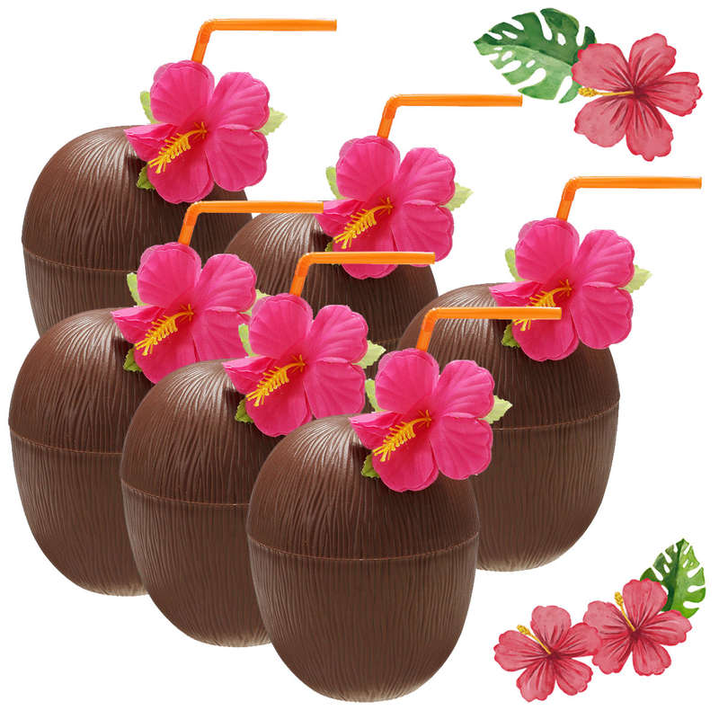 6Pcs Hawaiian Luau Hula Tropical Plastic Party Coconut Cup Drink & Straw Decoration    Drinking Stra