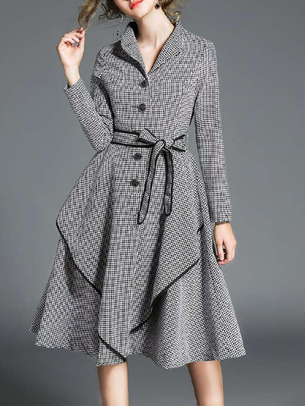 Women's Fashion Knee-Length Trench Coats Elegant Long Sleeve Houndstooth Pattern Jackets