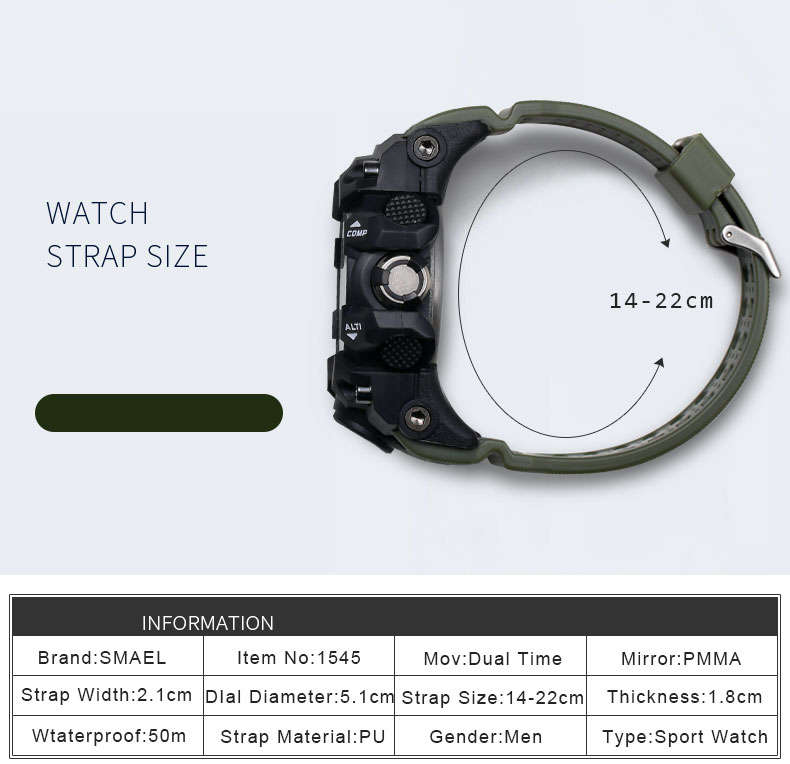SMAEL 1545 Digital Watch Pure Color Band  Dual Display Waterproof Sport Analog Quartz Watch - 0.08kg