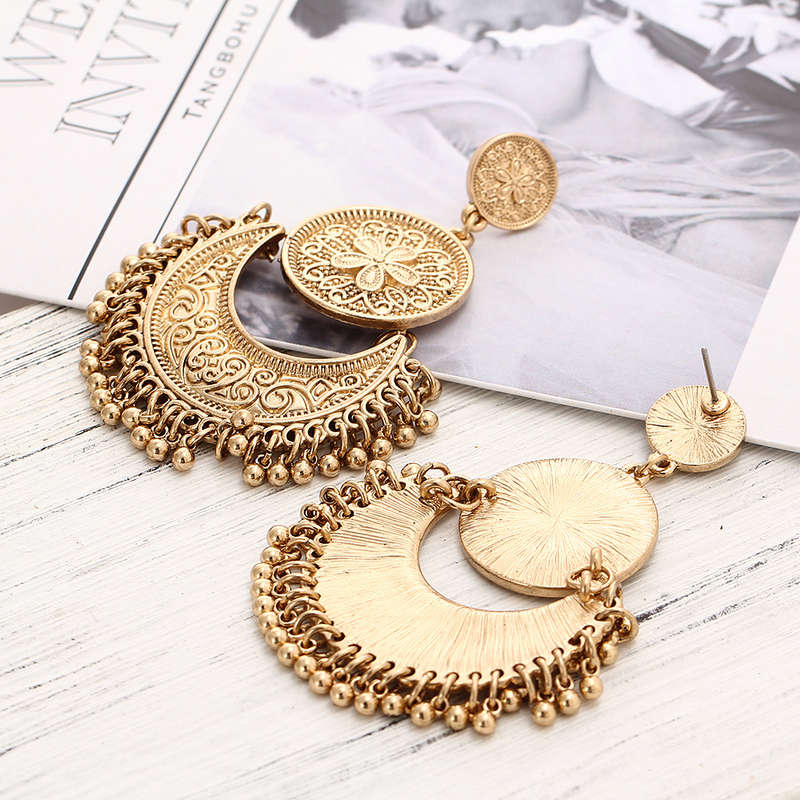 Retro Ethnic Tassel Alloy Flower Moon Drop Dangle Earrings Jewelry for Women