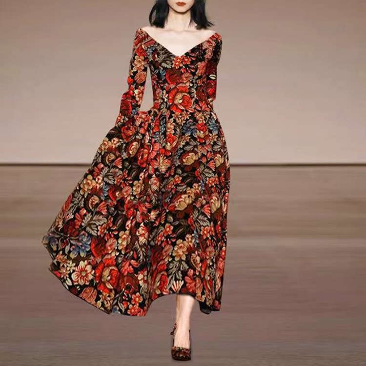 Women's dress loose temperament printing V-neck long dress