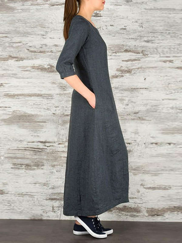 Plus Size Work Pure Color Crew Neck Three Quarter Sleeve Maxi Dress