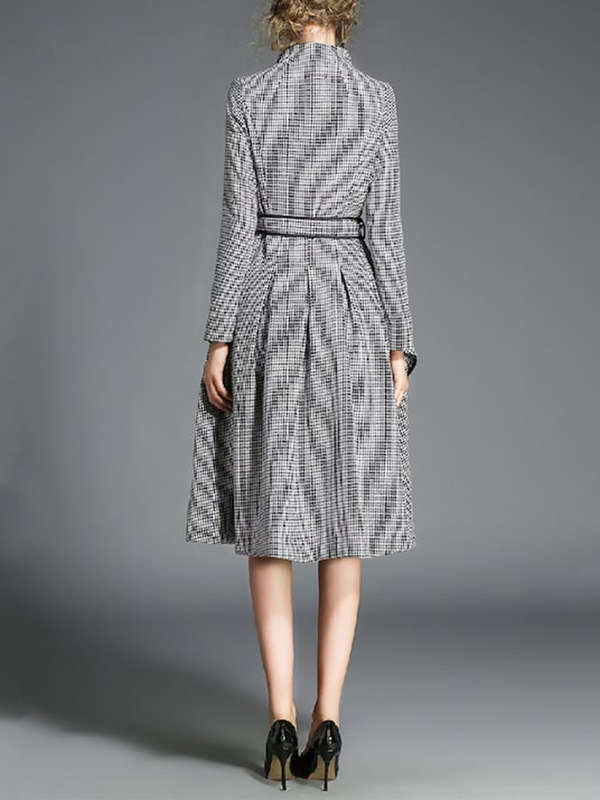Women's Fashion Knee-Length Trench Coats Elegant Long Sleeve Houndstooth Pattern Jackets