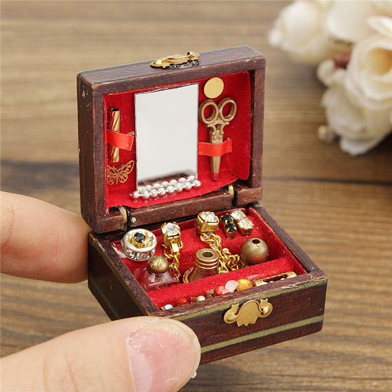 Vintage Wooden Dollhouse Miniature Filled Jewelry Box Case Bedroom Accessories