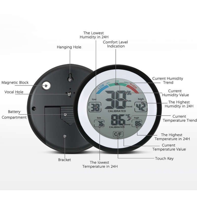 Multifunctional Digital Thermometer Hygrometer Temperature Humidity Meter Max Min Value Trend Display / Touch Screen