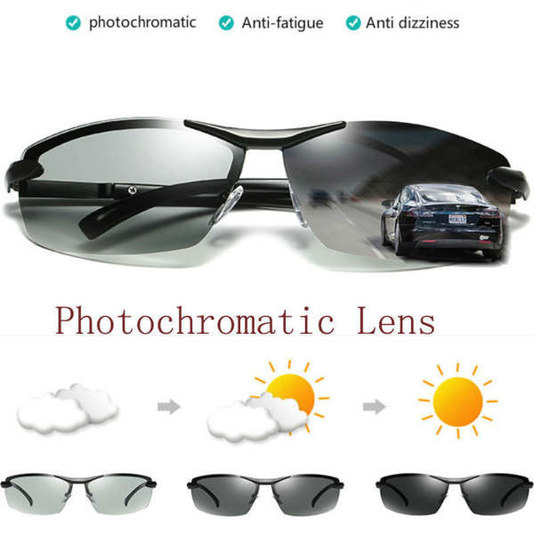 UV400 Polarized Photochromic Sunglasses Men's Driving Transition Lens Grey Black