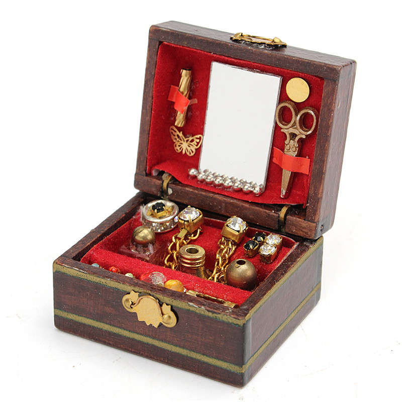 Vintage Wooden Dollhouse Miniature Filled Jewelry Box Case Bedroom Accessories