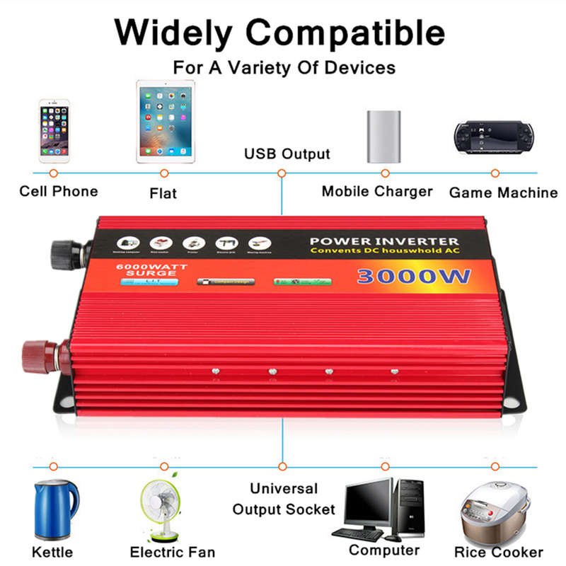 12V TO 220V Solar Inverter 3000W Power Inverter Dual Turbine Cooling System Inverter
