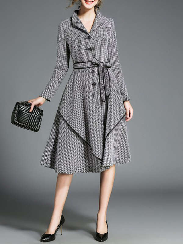Women's Fashion Knee-Length Trench Coats Elegant Long Sleeve Houndstooth Pattern Jackets