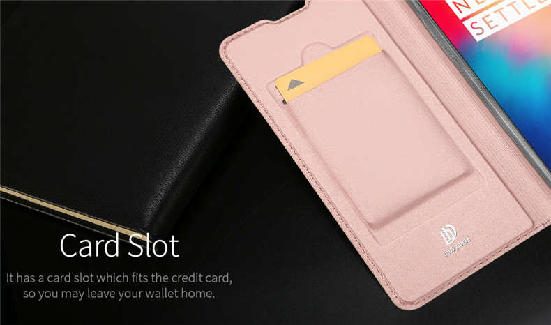 DUX DUCIS Shockproof Flip PU Leather Card Slot Full Cover Protective Case for OnePlus 6T - 0.09kg