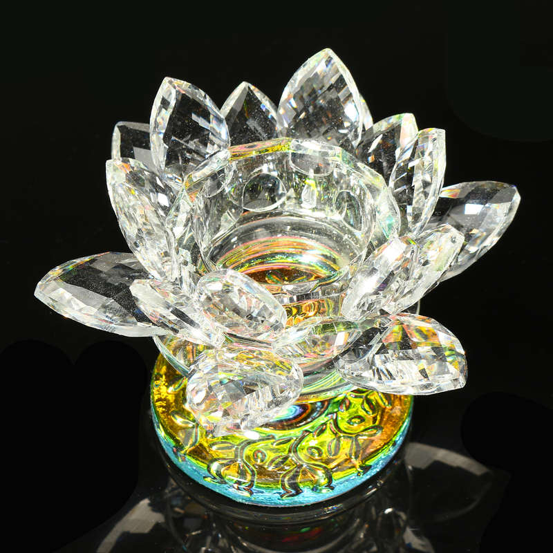 5 Colors Crystal Glass Lotus Flower Tea Light Candle Holder Buddhist Candles