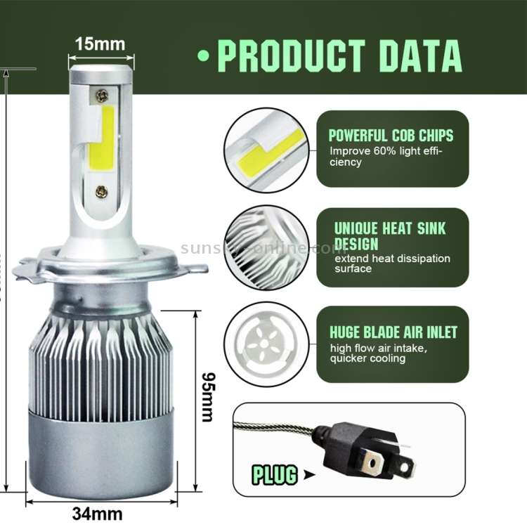 2 PCS C9 H4 18W 1800LM 6000K Waterproof IP68 Car Auto LED Headlight with 2 COB LED Lamps