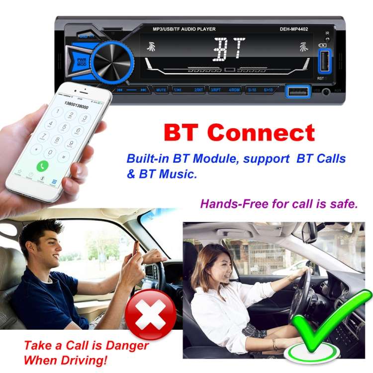 DMH-4402 Colorful Car MP3 Player Support Bluetooth / FM with Steering Wheel Remote Control