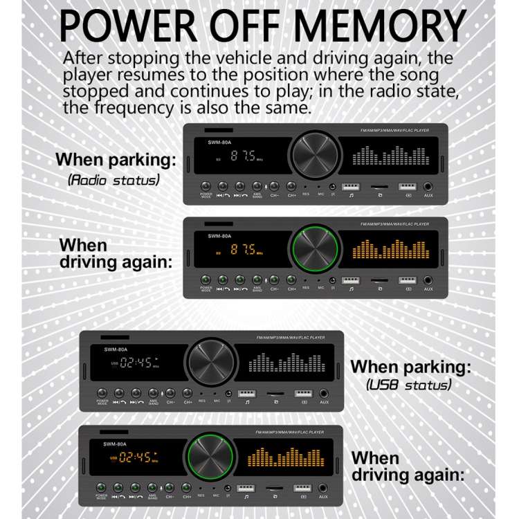SWM-80B DC12V Car MP3 Support FM / AM & Bluetooth & Mobile Phone Voice Assistant