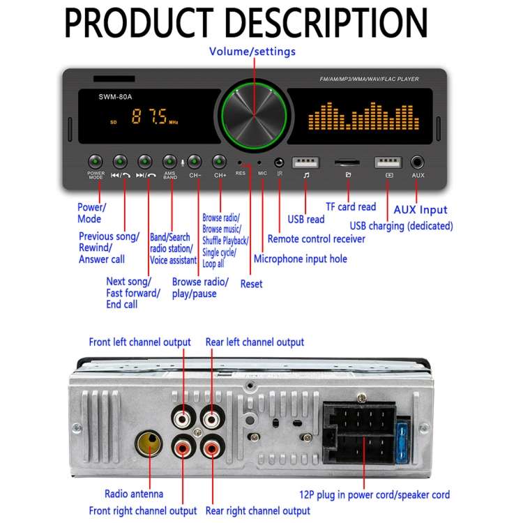 SWM-80B DC12V Car MP3 Support FM / AM & Bluetooth & Mobile Phone Voice Assistant